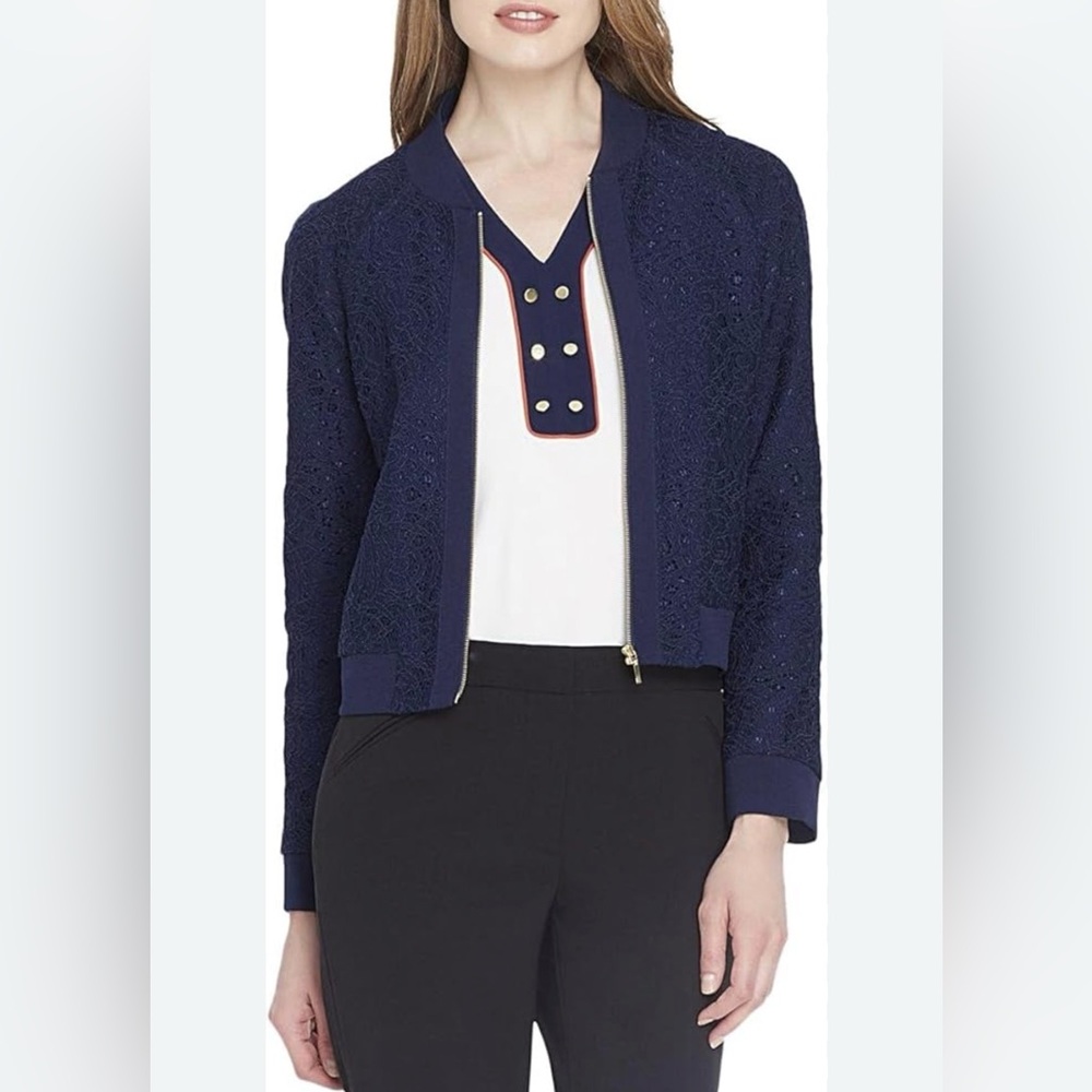 NWT Lace Bomber Jacket, Navy Blue, Size 10, Tahari ASL